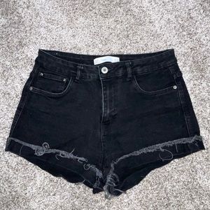 Zara Black Denim Shorts with Frayed Rolled Hem - Size 6